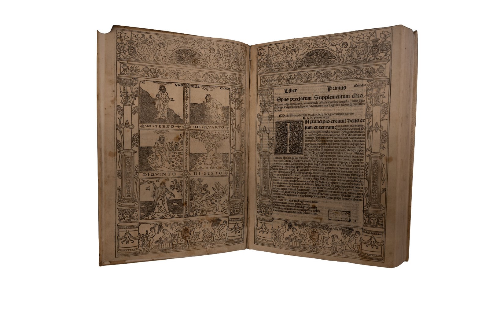 Liber Primus — xilografia ornata con i sei giorni della Creazione