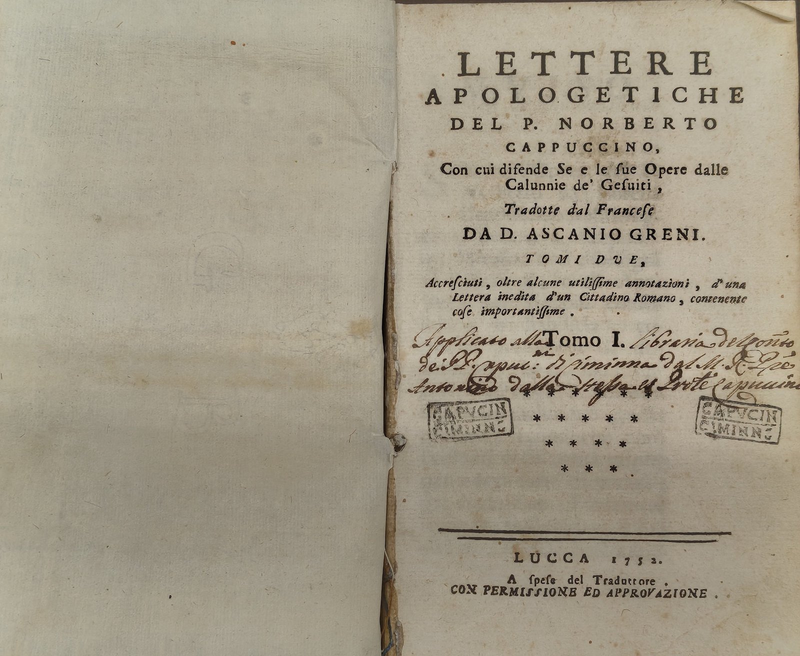 Lettere Apologetiche del P. Norberto Cappuccino, Tomo I, frontespizio, Lucca 1752, con timbri Cappuccini