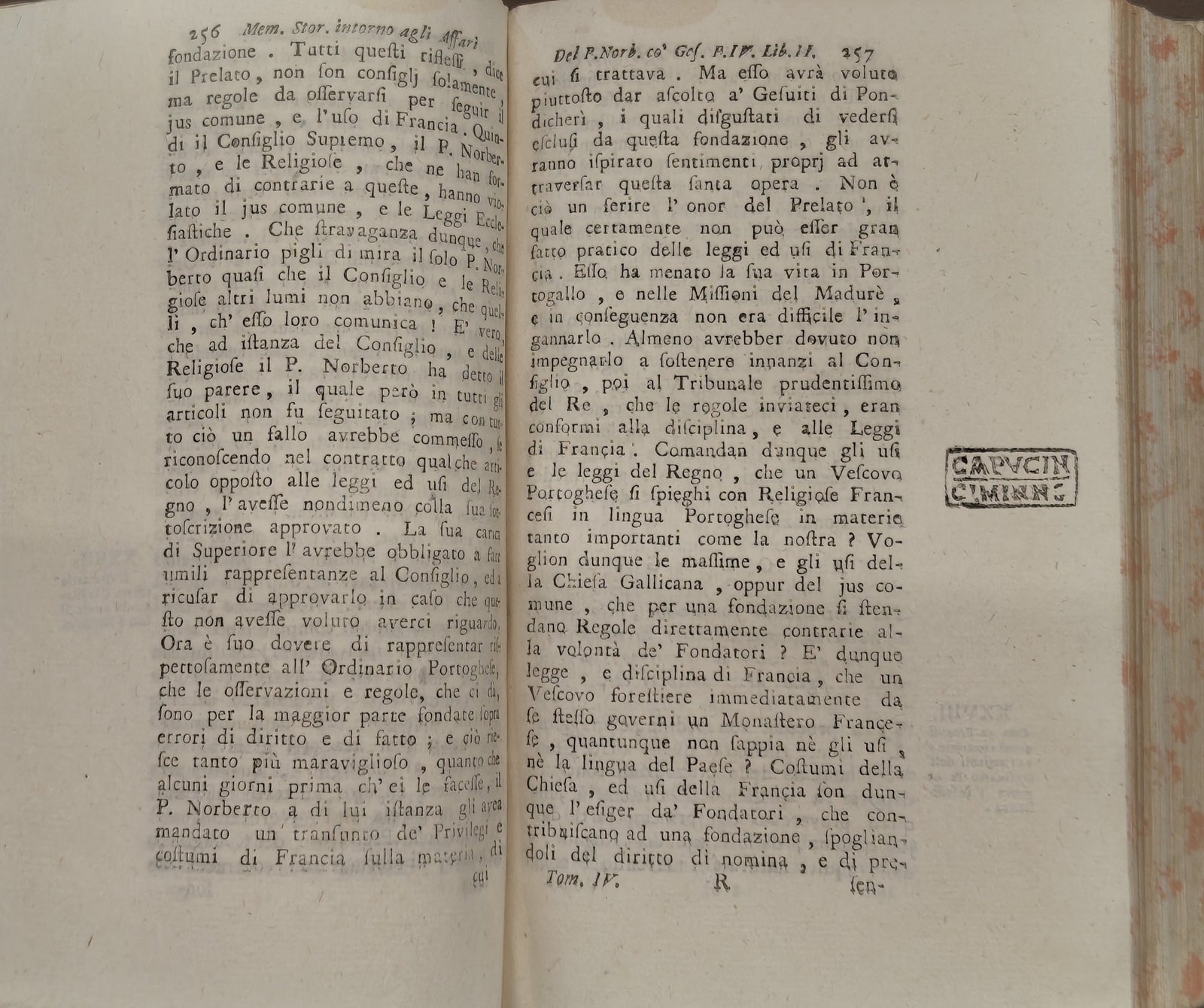 Memorie Storiche intorno agli Affari, pagina con timbro Capucin Ciminne e discussione del P. Norberto