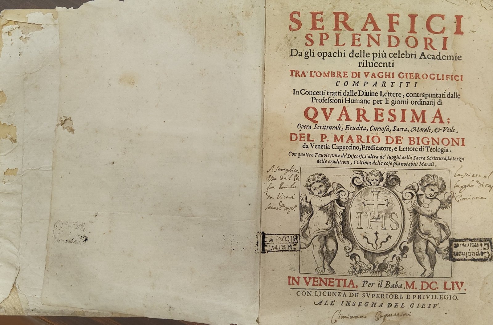 Serafici Splendori del P. Mario De' Bignoni Cappuccino, frontespizio, Venezia 1654, con xilografia IHS